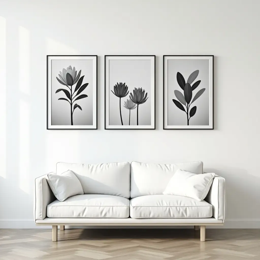 a photo of a stylish monochrome wall art arrangement