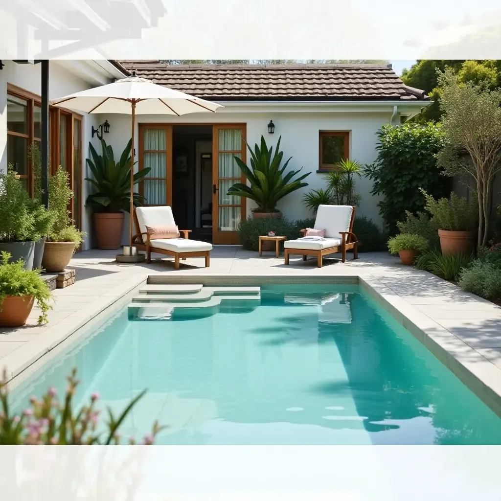 a photo of a stylish small pool area with foldable chairs