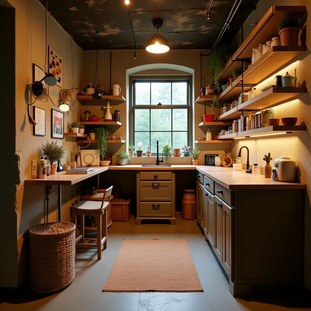 a photo of a basement with a whimsical science corner for kids