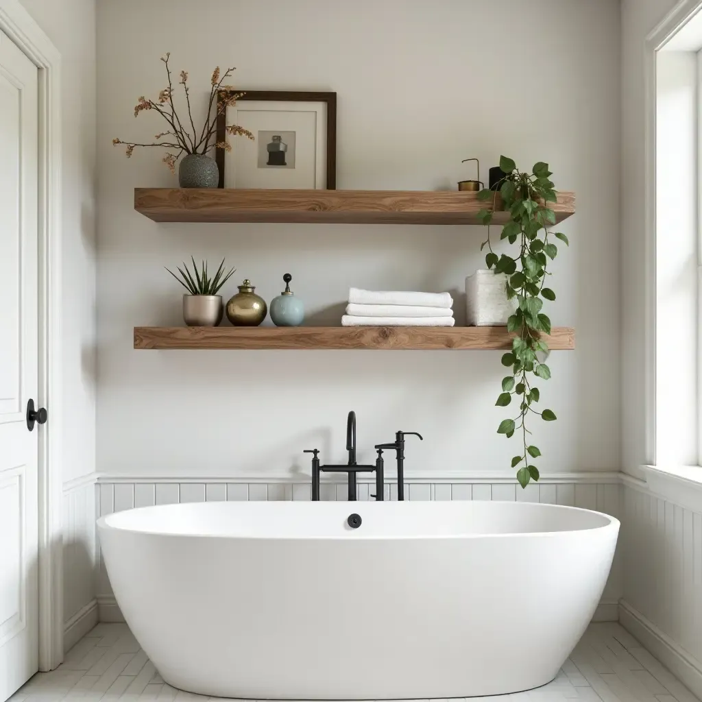 a photo of reclaimed wood shelves in a bathroom setting