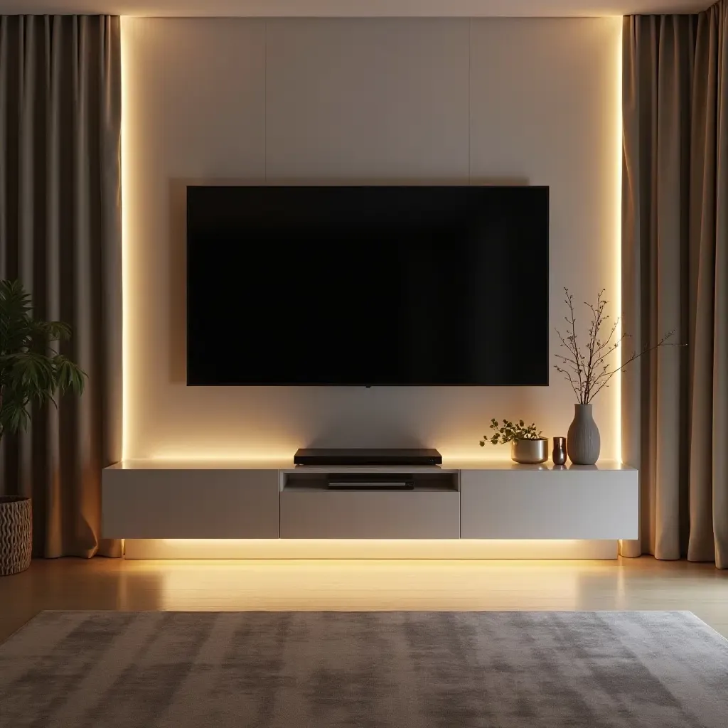 a photo of a stylish media console with integrated LED lighting in a TV room