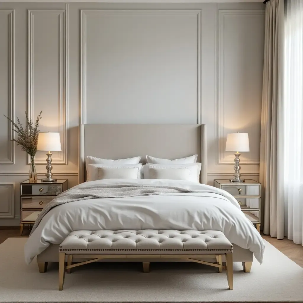 a photo of a stylish bedroom with mirrored bedside tables