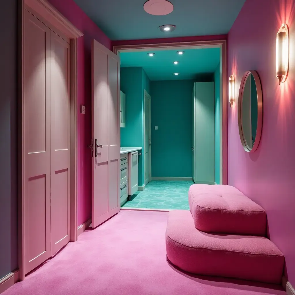 a photo of a basement with a whimsical blend of turquoise and fuchsia