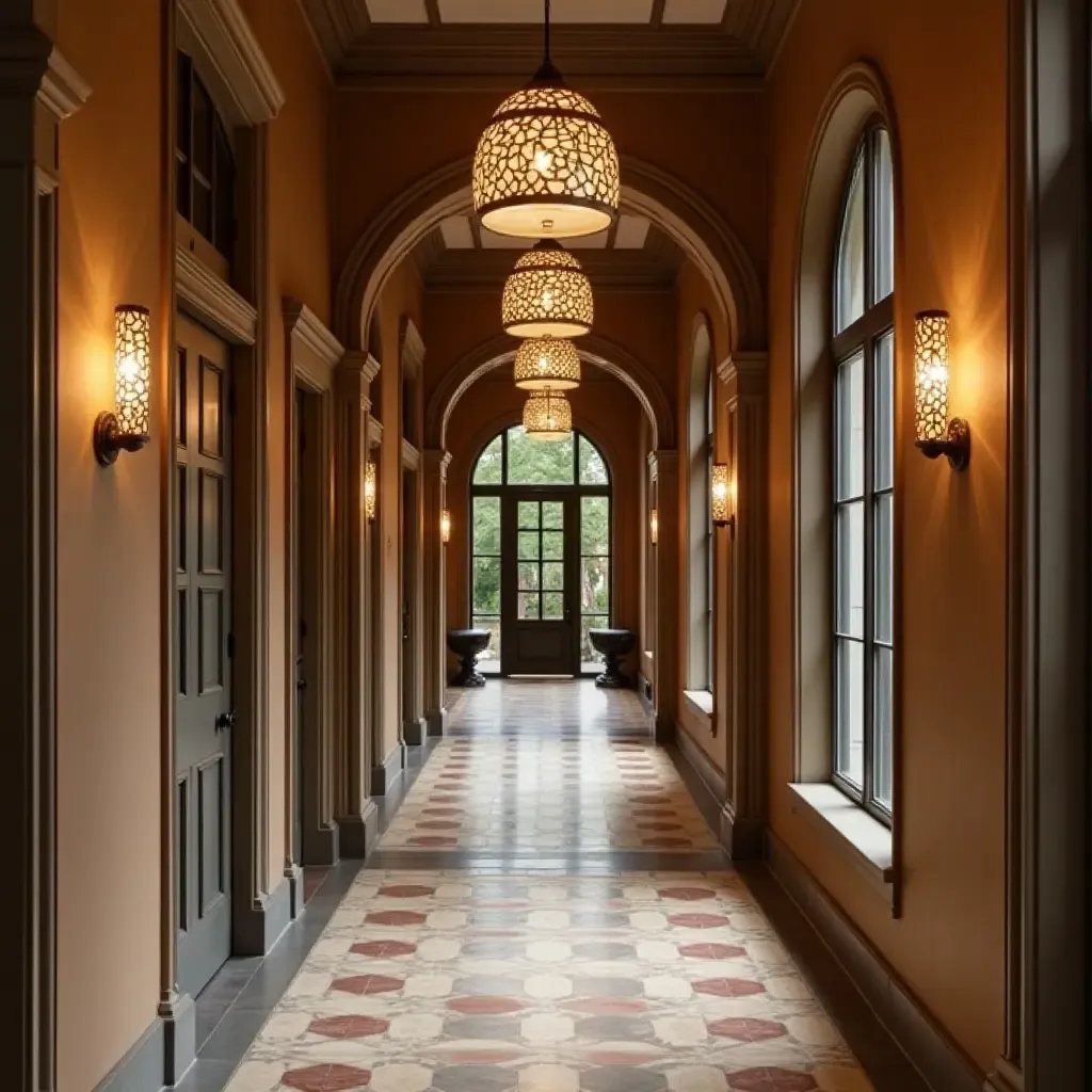 a photo of a stylish corridor with bohemian pendant lighting designs