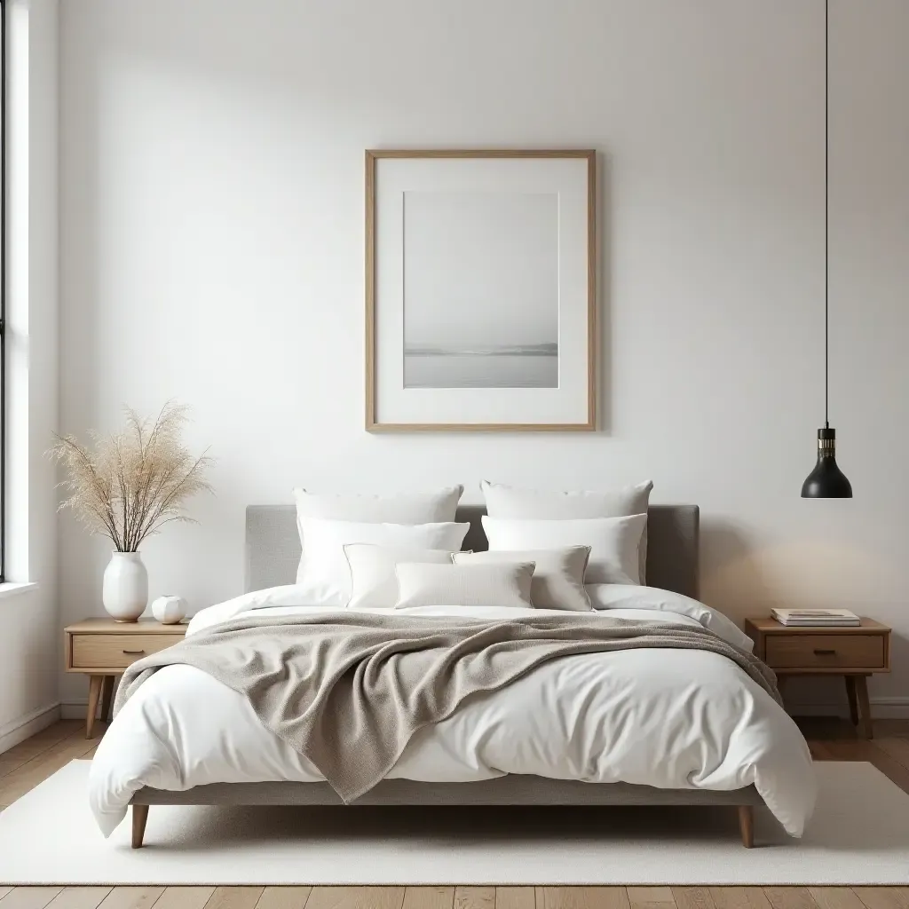 a photo of a modern Scandinavian bedroom with a focus on simplicity and comfort