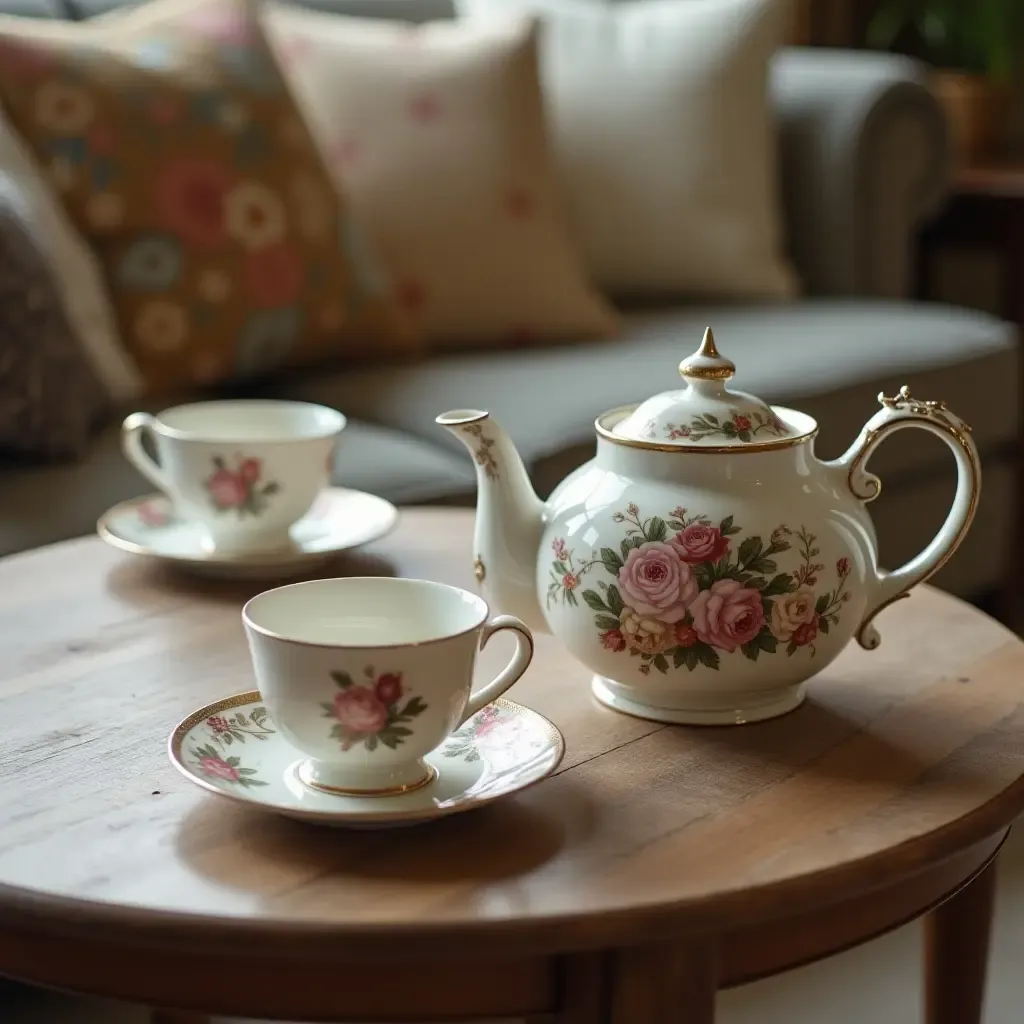 a photo of a coffee table adorned with a vintage teapot and delicate china