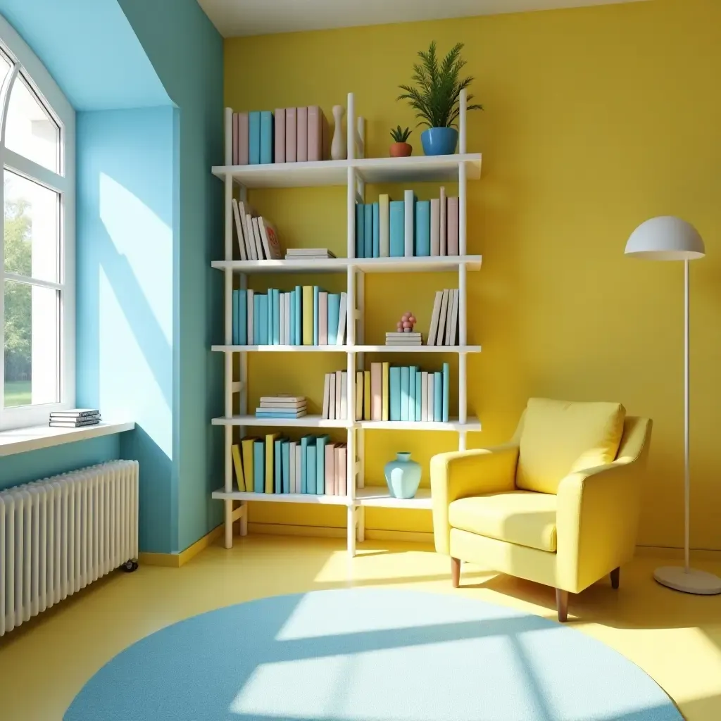 a photo of a sunny lemon yellow and sky blue library with cheerful decor