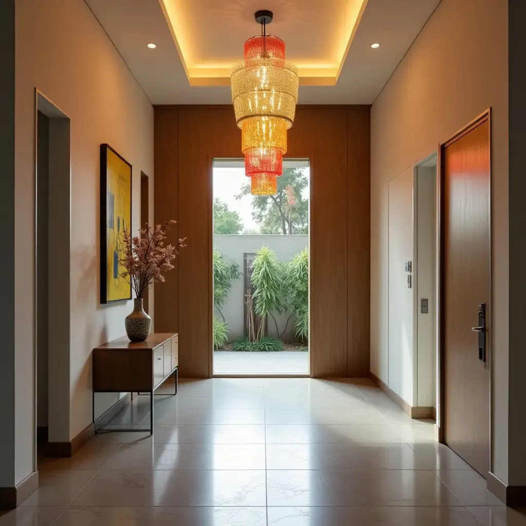 a photo of an entrance hall with colorful pendant lighting accents