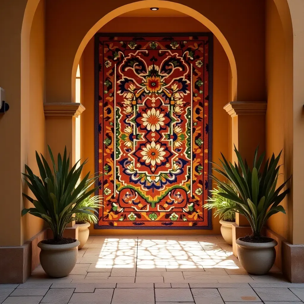 a photo of a colorful tapestry adding warmth to the entrance