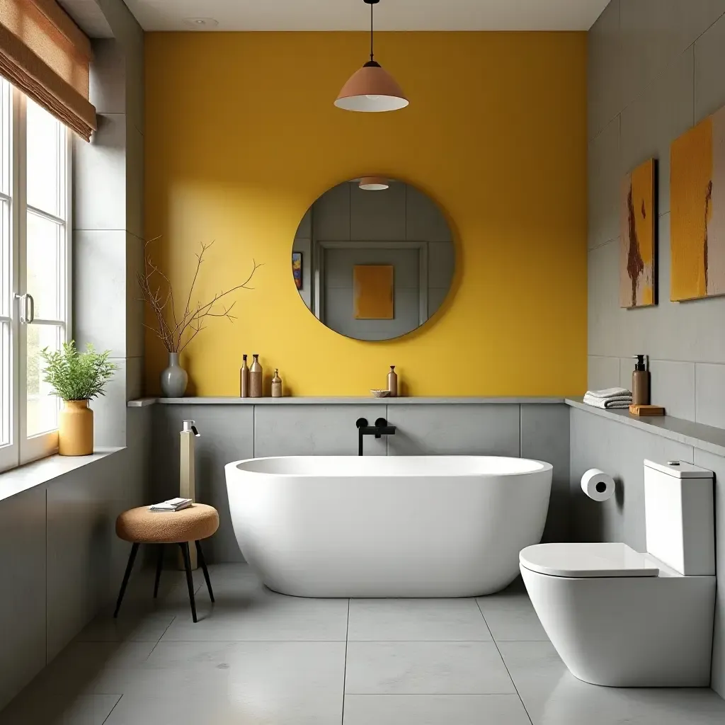 a photo of a modern slate gray and mustard yellow bathroom with bold accents