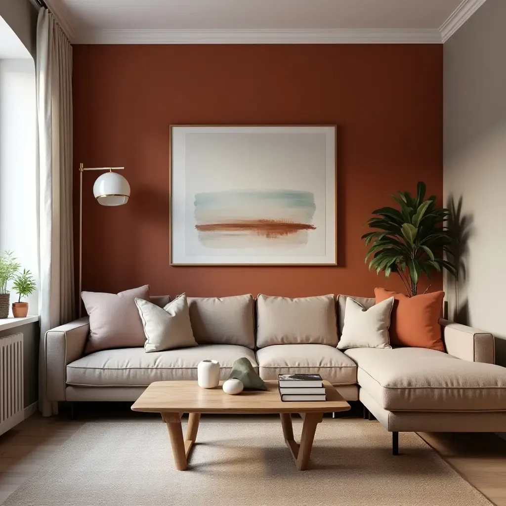 a photo of a small living room featuring a bold accent wall and tasteful decor