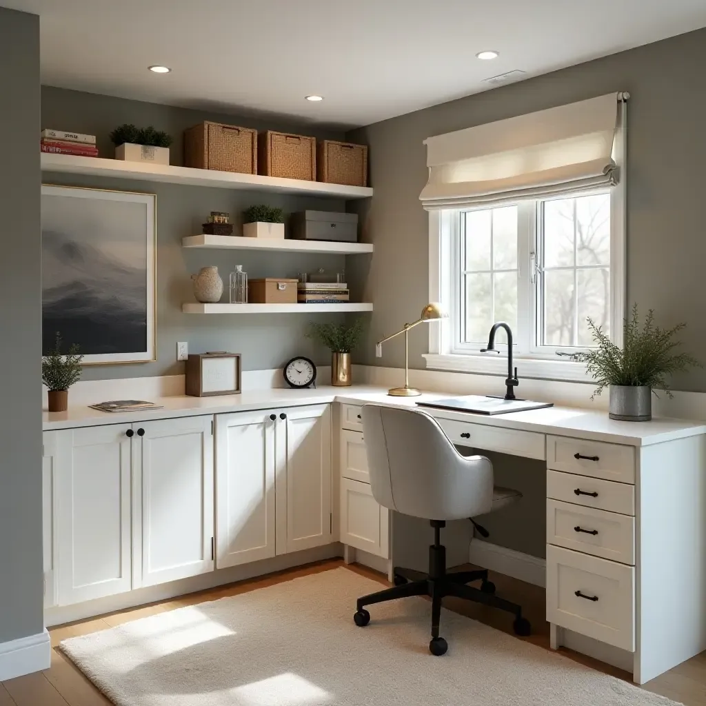 a photo of a sophisticated basement craft corner with elegant organization and decor