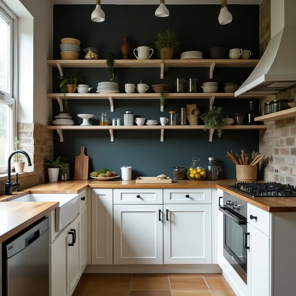 a photo of a small kitchen featuring a chalkboard wall and open storage