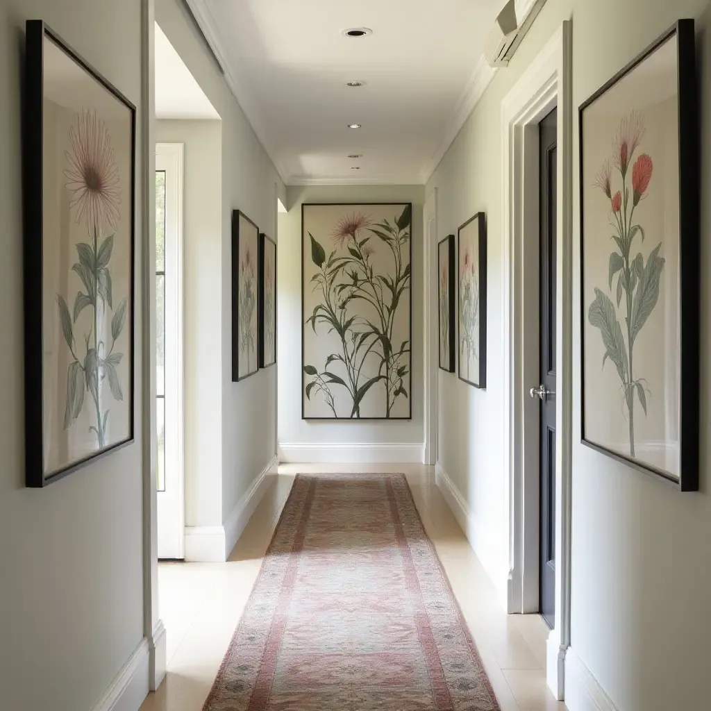 a photo of a stylish corridor featuring a gallery of botanical prints