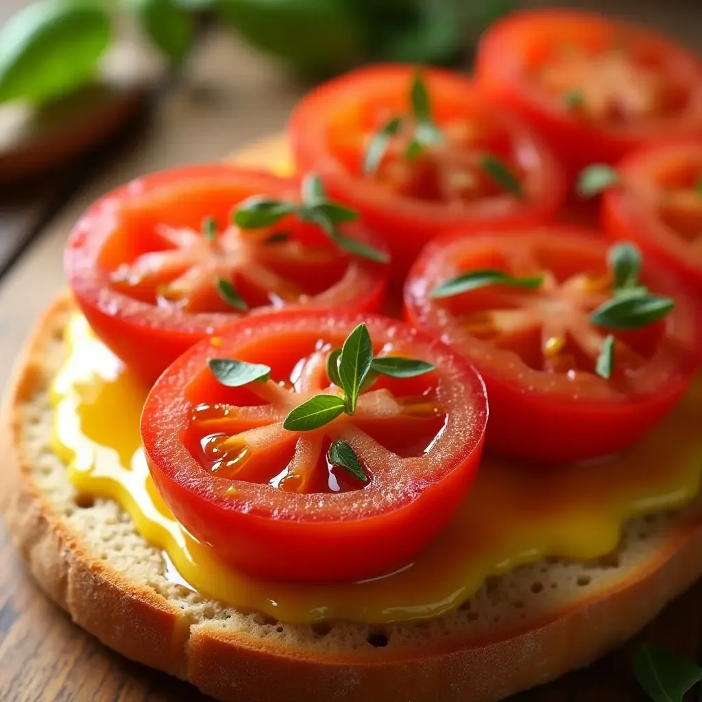 a photo of a vibrant pan con tomate with ripe tomatoes and olive oil on crusty bread.