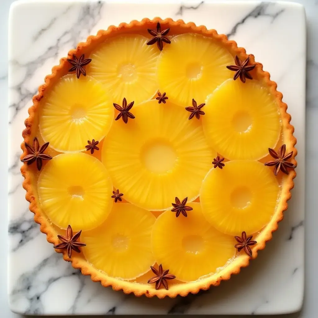 a photo of a tarte tatin made with caramelized pineapple and star anise, on a marble plate.