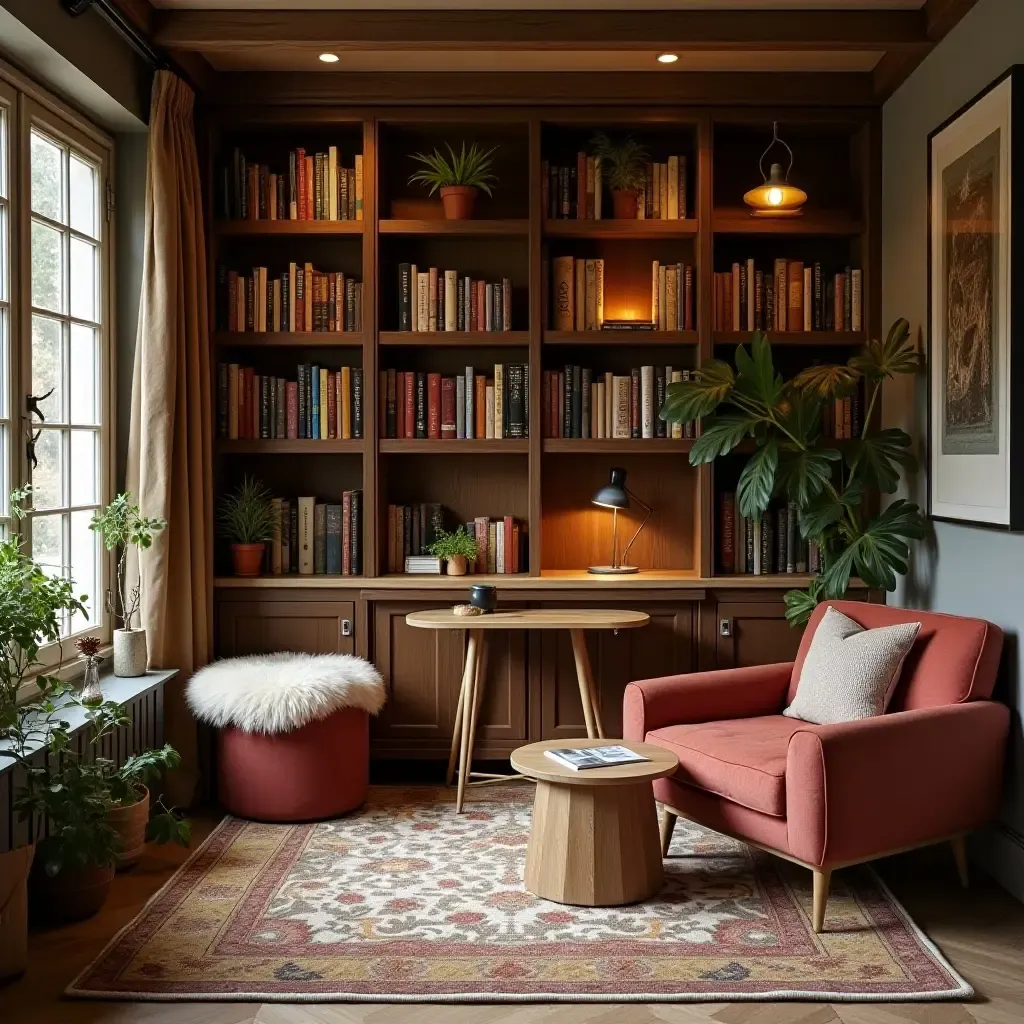 a photo of a cozy basement reading nook with books on shelves