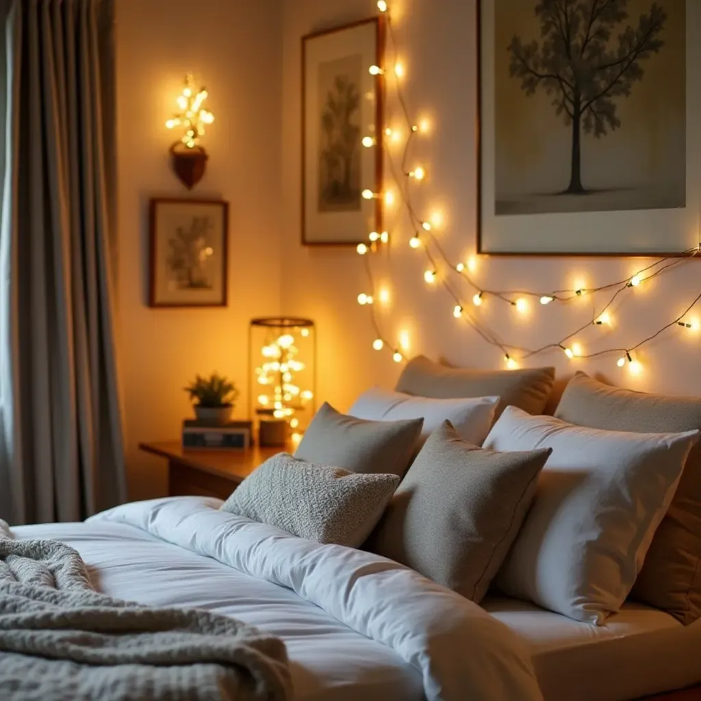 a photo of a cozy corner in a farmhouse bedroom with fairy lights and soft cushions