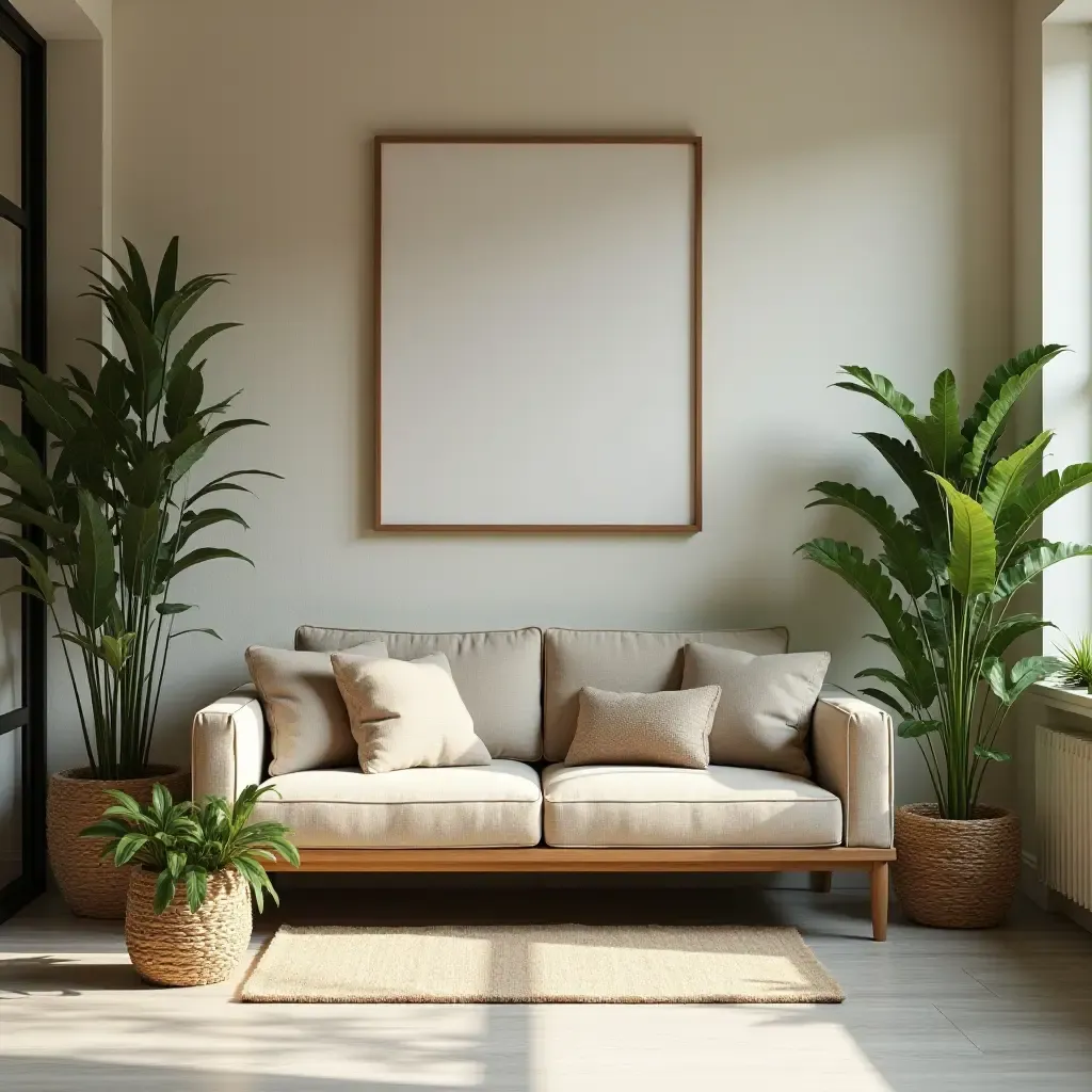 a photo of a welcoming seating area with a small sofa and potted plants