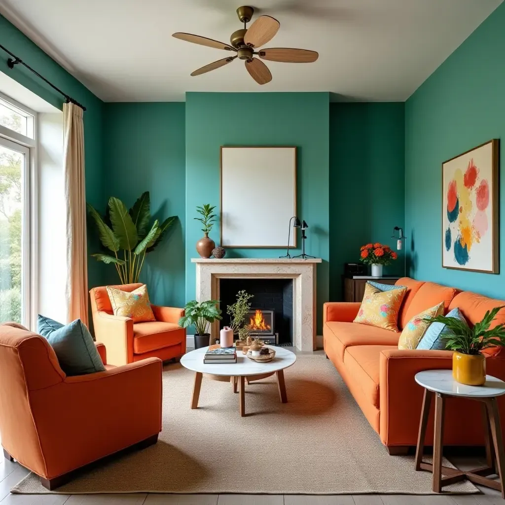 a photo of a tropical living room featuring vibrant turquoise and orange