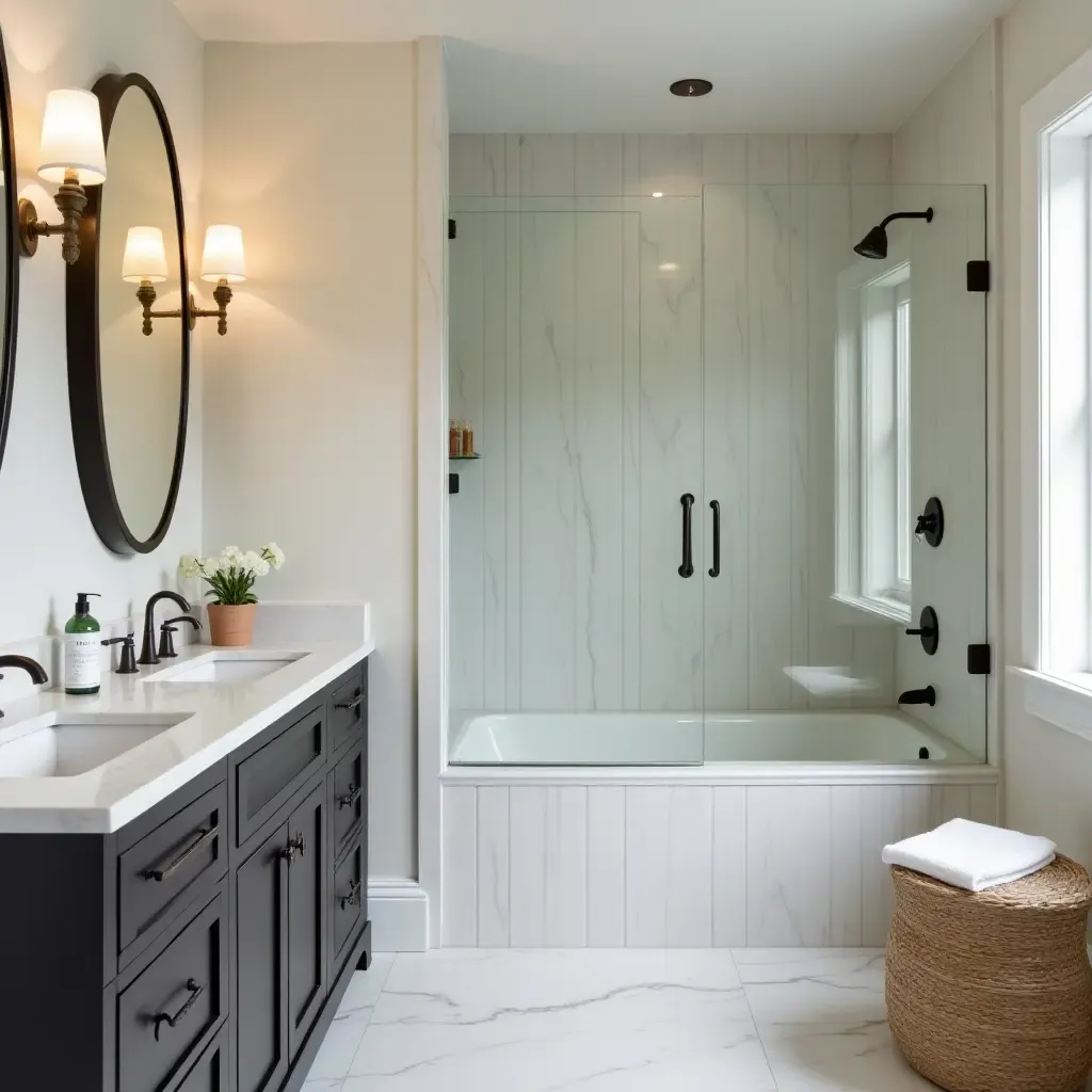 a photo of a contemporary bathroom showcasing vintage wall sconces and a modern shower