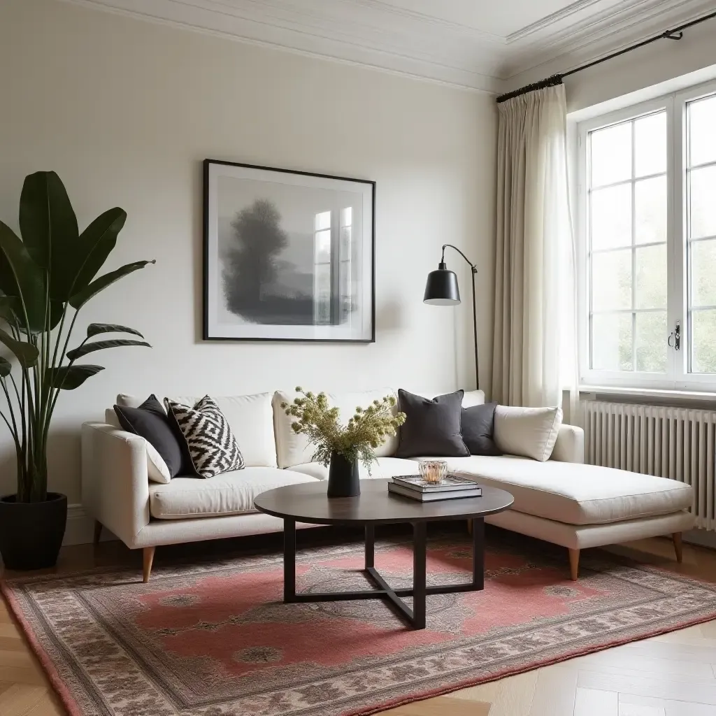 a photo of a chic living room showcasing a vintage rug under a modern glass table