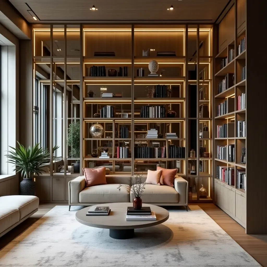 a photo of a modern library featuring mirrored bookshelves