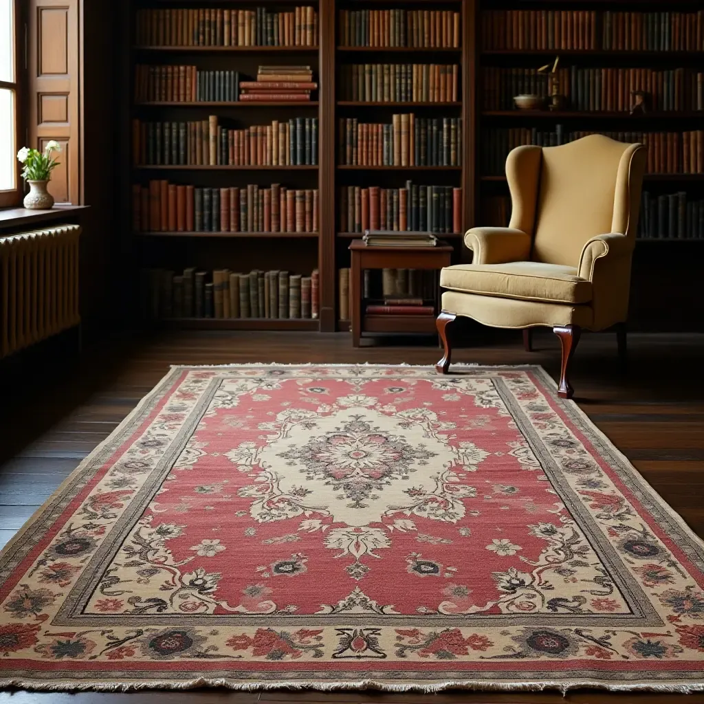 a photo of a vintage-style rug with faded colors in an antique library