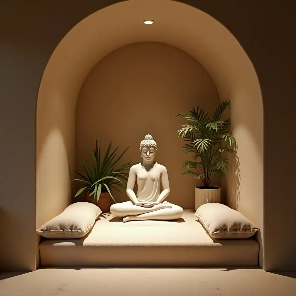 a photo of a serene meditation corner in a basement