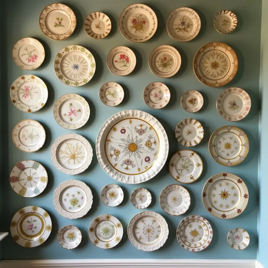 a photo of a collection of vintage plates arranged on a wall