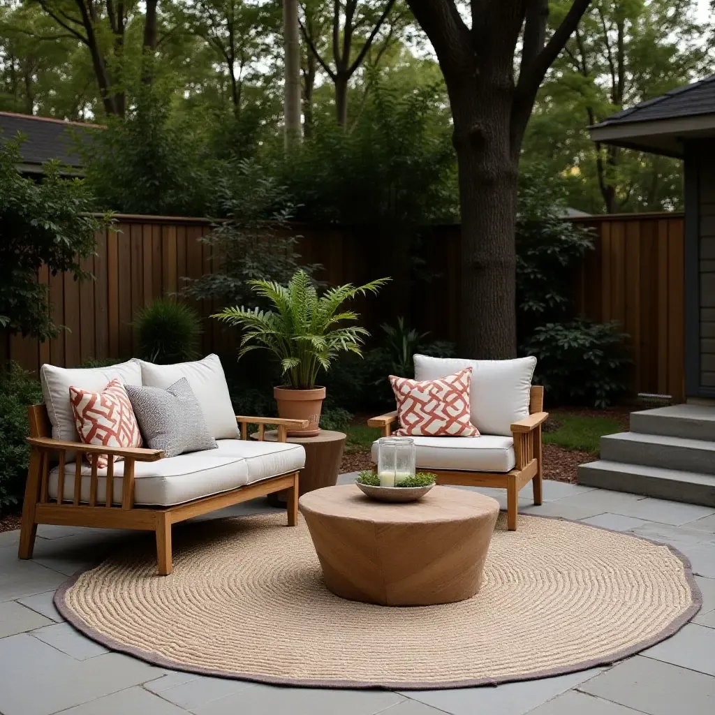 a photo of a chic concrete patio with a stylish outdoor rug and cushions