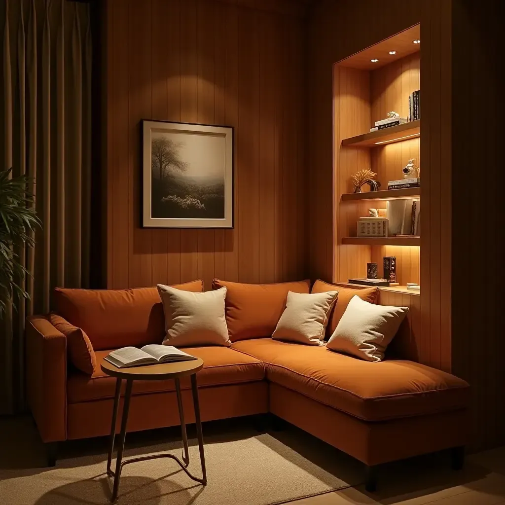 a photo of a cozy reading nook featuring a cognac couch and warm lighting