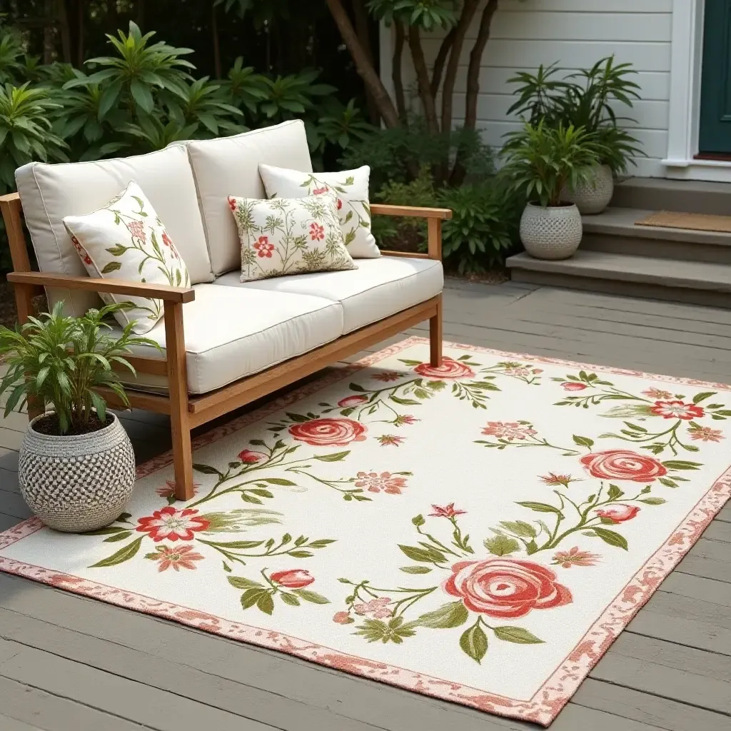 a photo of a garden-themed outdoor rug and cushions