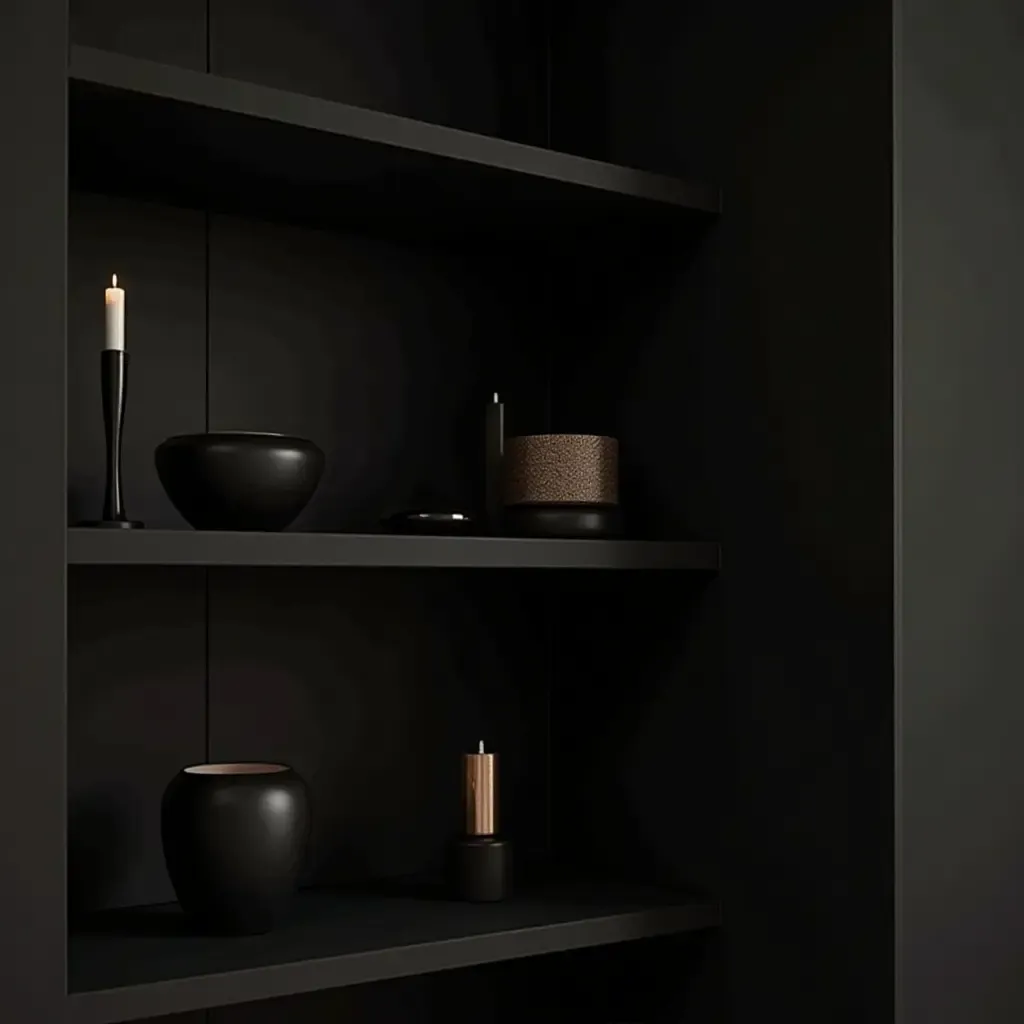 a photo of a corner shelf filled with dark, moody decor items