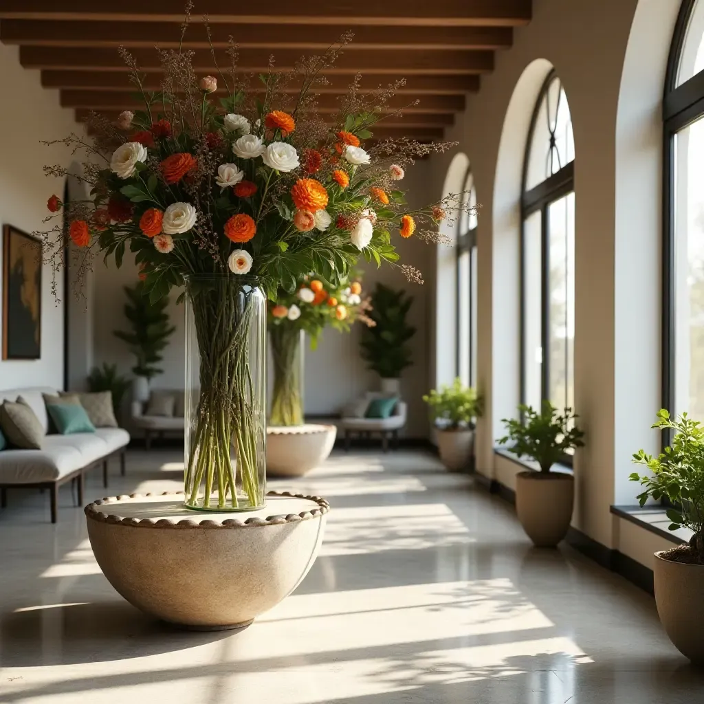 a photo of an elegant space with a floral arrangement