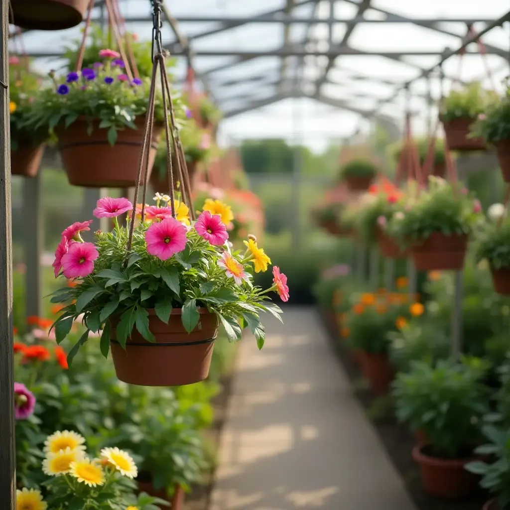 a photo of a nursery with hanging planters filled with colorful flowers