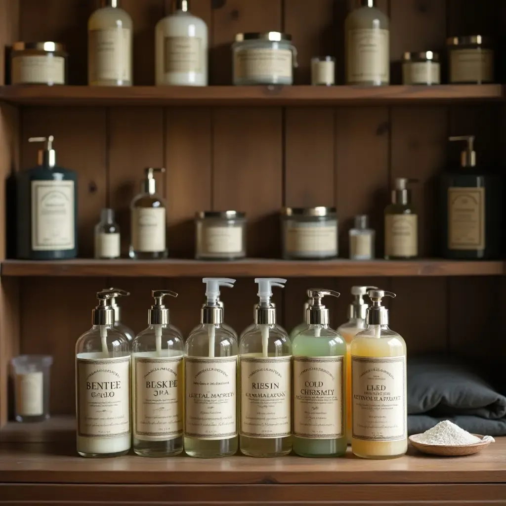 a photo of vintage toiletries displayed on a wooden shelf