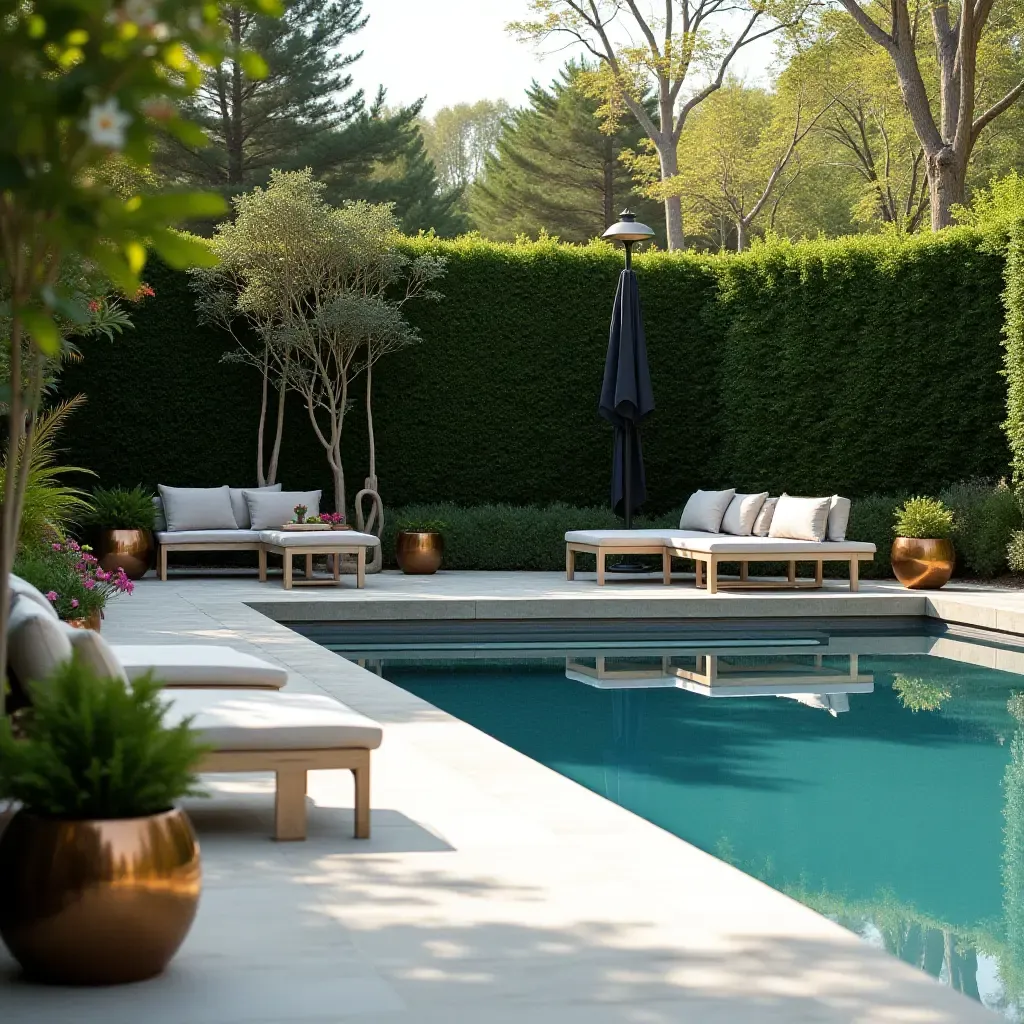 a photo of an elegant poolside garden with metallic features and seating