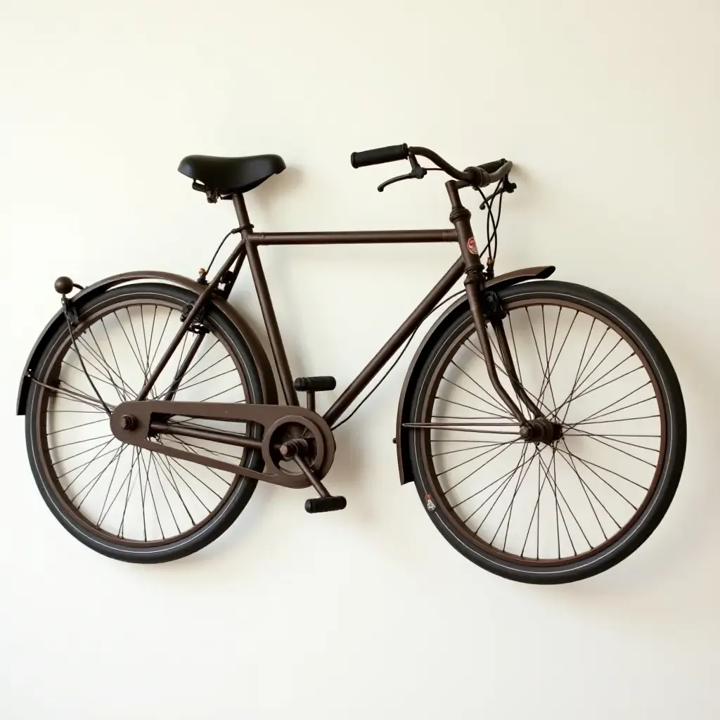 a photo of a vintage bicycle used as wall decor