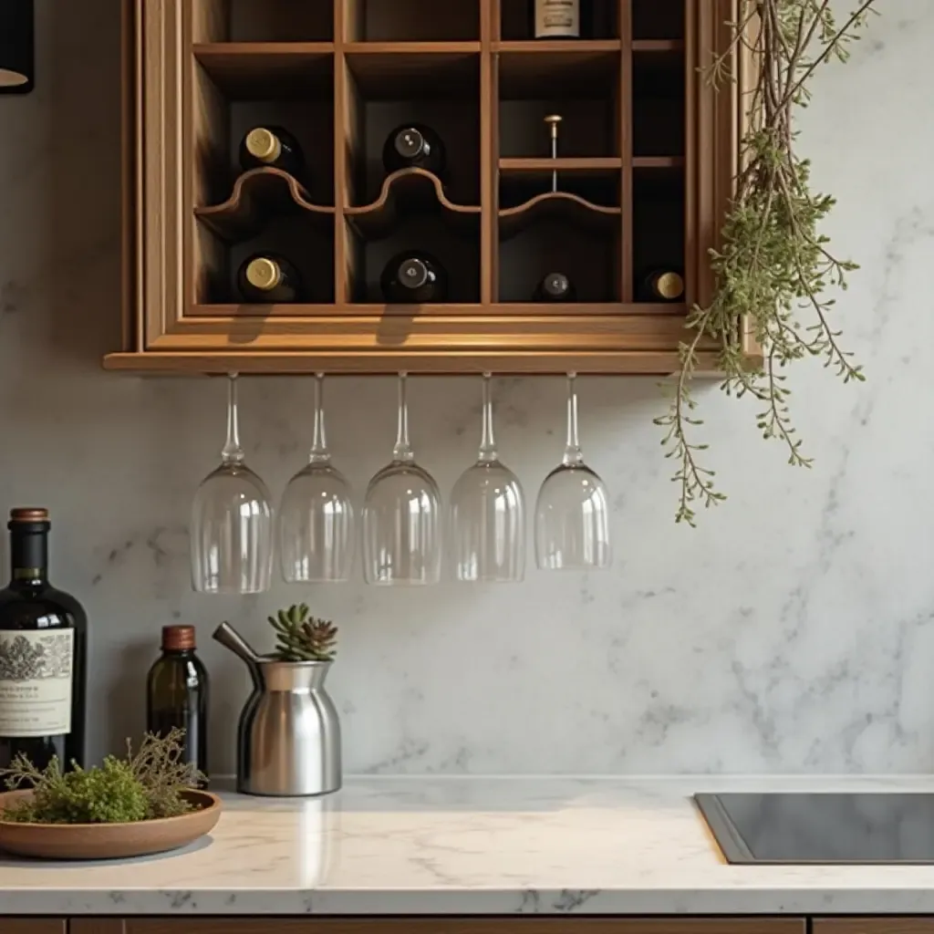 a photo of a countertop with a chic wine rack and elegant glasses displayed