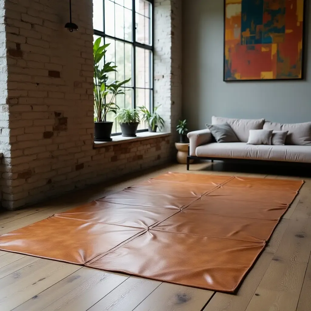 a photo of a sleek leather rug in a modern industrial living room