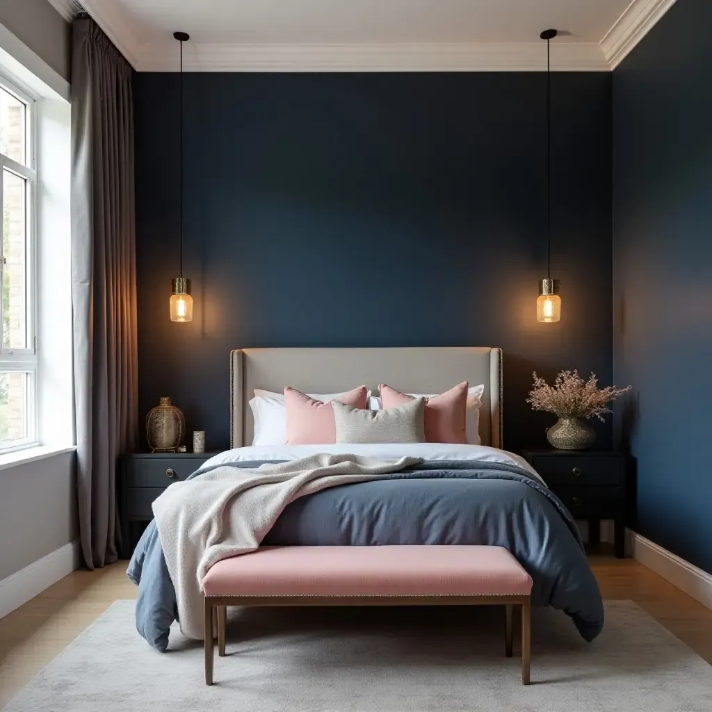 a photo of a sophisticated navy and blush bedroom with elegant lighting