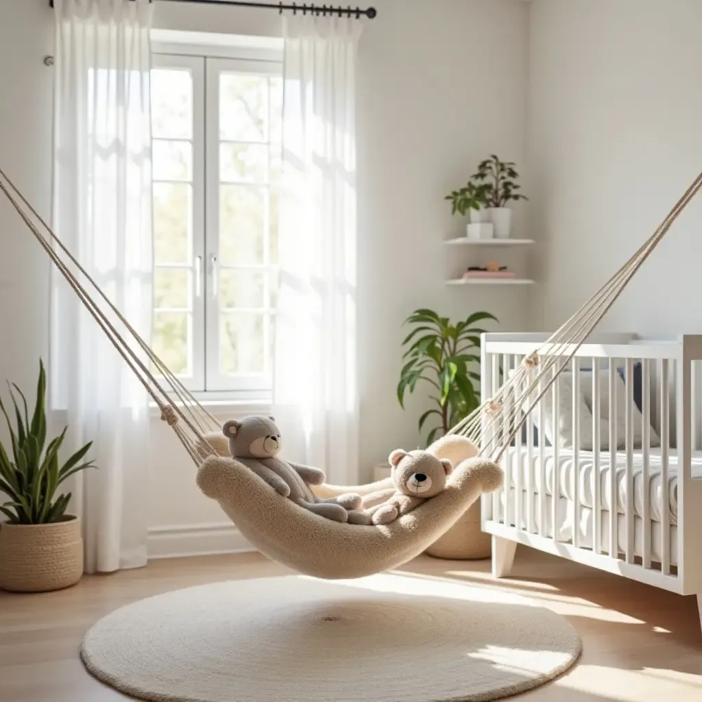 a photo of a nursery showcasing a playful toy hammock