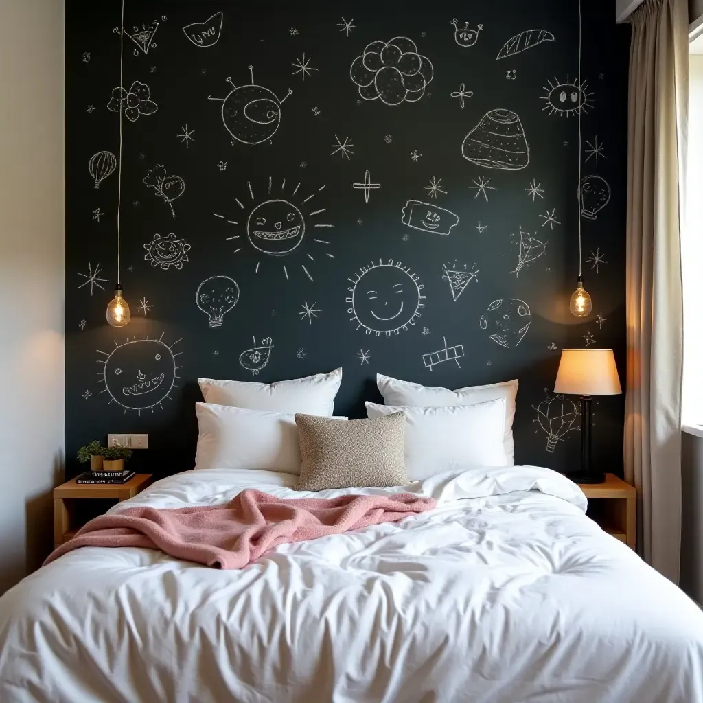 a photo of a chalkboard wall behind a bed with doodles in a playful bedroom