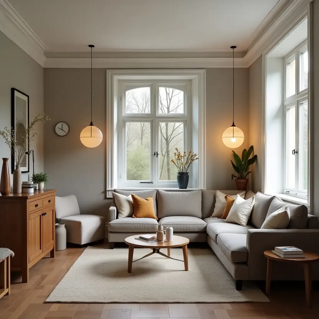 a photo of a small living room featuring space-saving pendant lights and cozy furniture