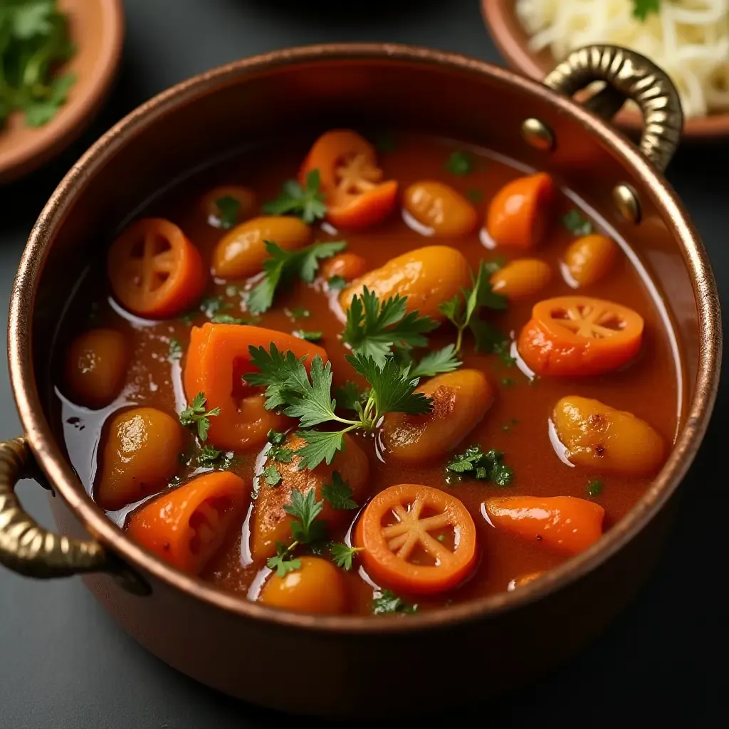 a photo of a rich Portuguese vegetable cataplana stew in a copper pot.