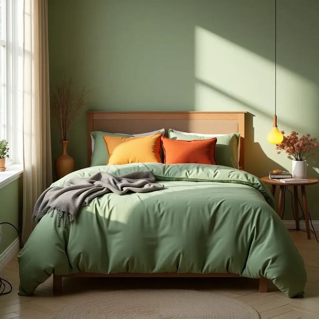 a photo of a bedroom with green bedding and orange throw pillows for a refreshing look