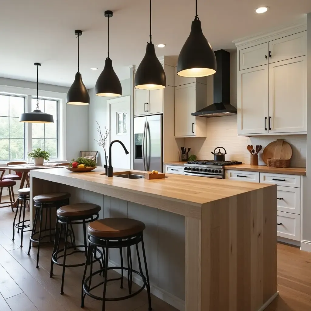 a photo of a kitchen with a butcher block countertop and metal accents