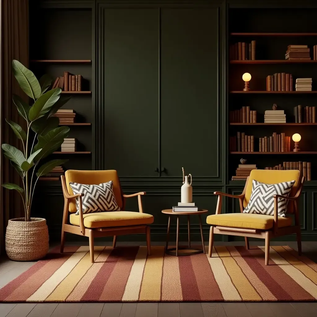 a photo of a striped rug with earthy tones in a nature-themed library