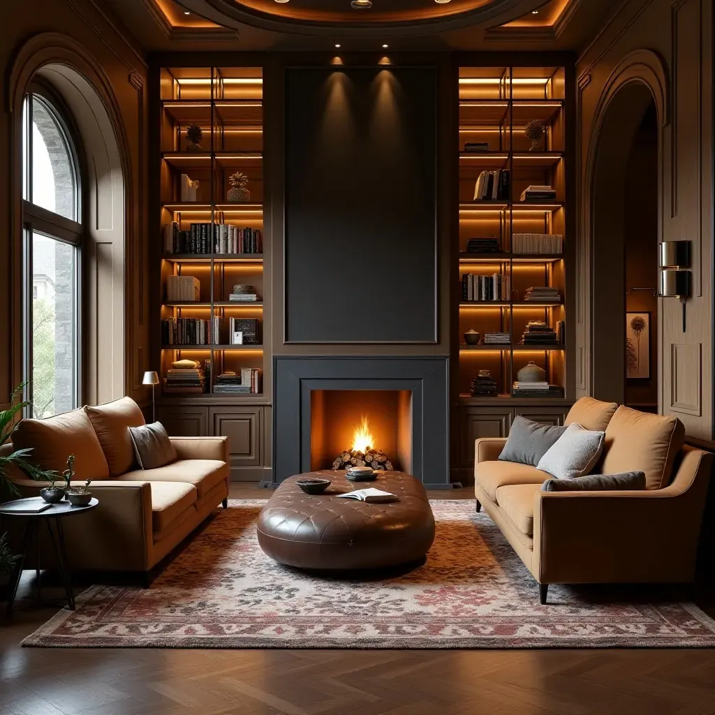 a photo of a warm and inviting library with a fireplace and cozy seating